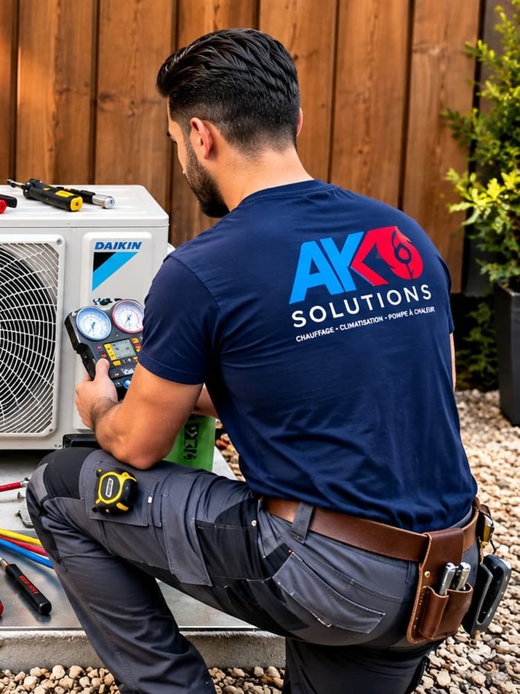 Technicien AK Solutions en tenue, manifold en main, devant une unité extérieure de pompe à chaleur